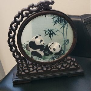 Elegant Panda Embroidery on Wooden Stand